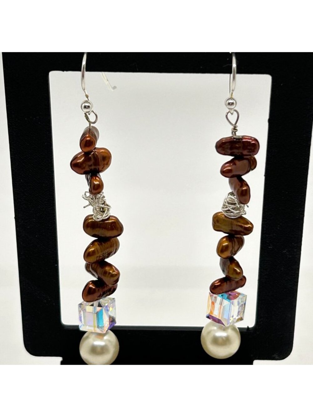 Keshi Pearl Dangle Earrings With Crystal Cube Bead & Freshwater Pearl Drop